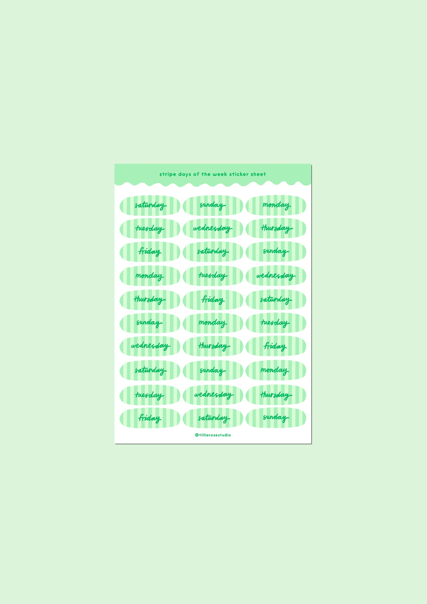 Green Stripe Days of the Week Sticker Sheet