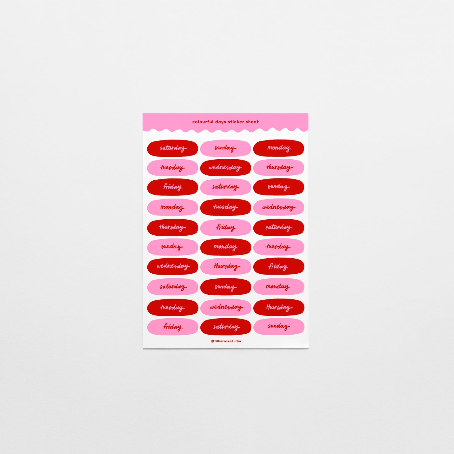 Red and Pink Days of the Week Sticker Sheet