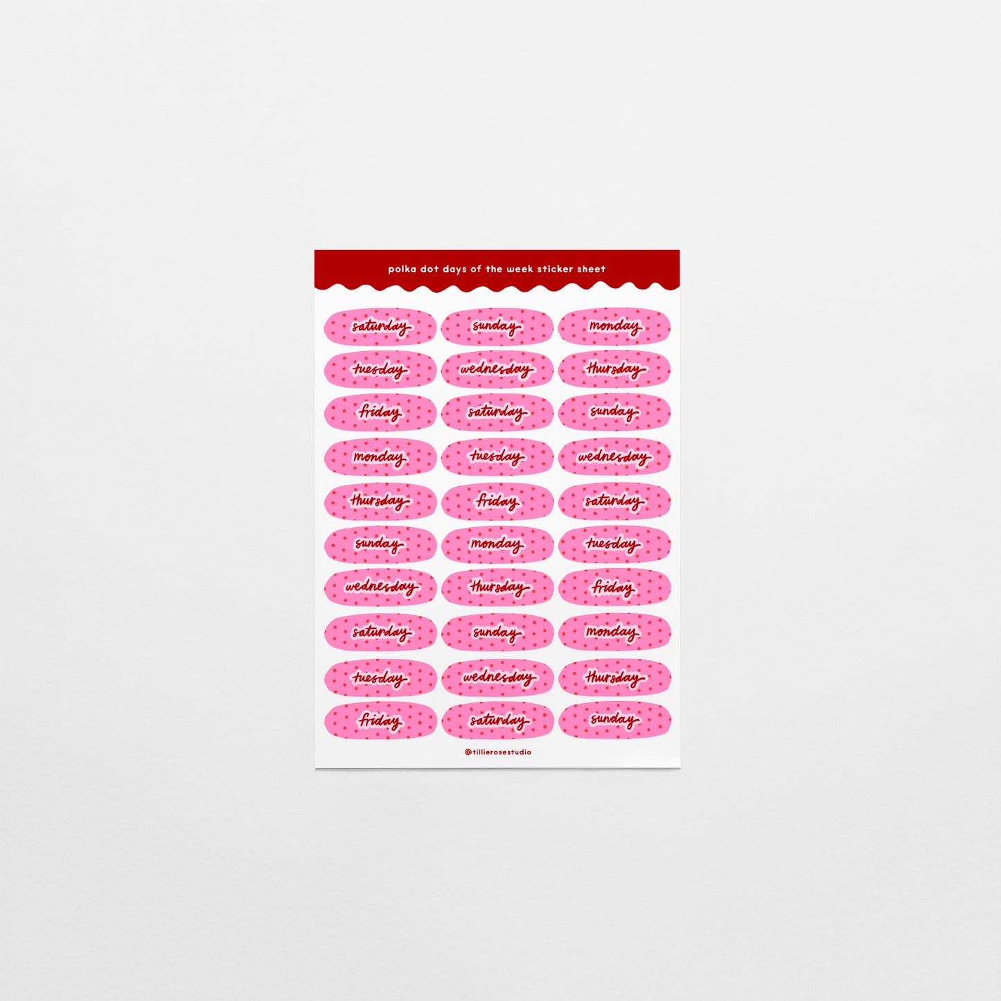 Pink Polka Dot Days of the Week Sticker Sheet