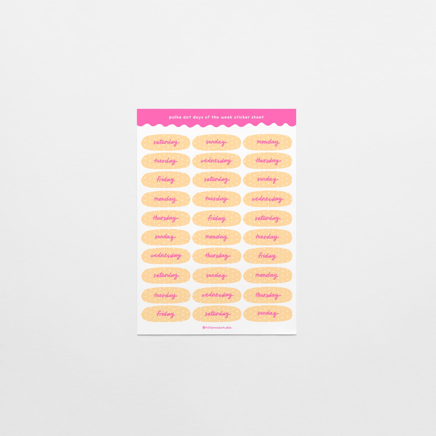 Yellow and Pink Polka Dot Days of the Week Sticker Sheet