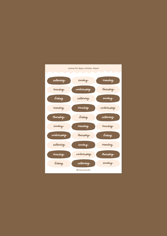 Brown and Beige Days of the Week Sticker Sheet