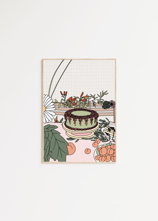 Cake and Peaches Illustrated Print