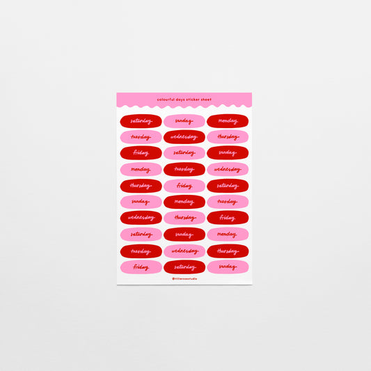 Red and Pink Days of the Week Sticker Sheet