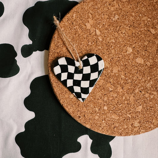 Checkerboard Heart Handmade Clay Ornament