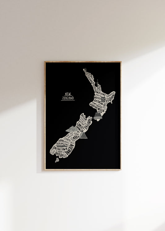 New Zealand Illustrated Map Print | Digitally Hand Lettered Map | Travel Destination